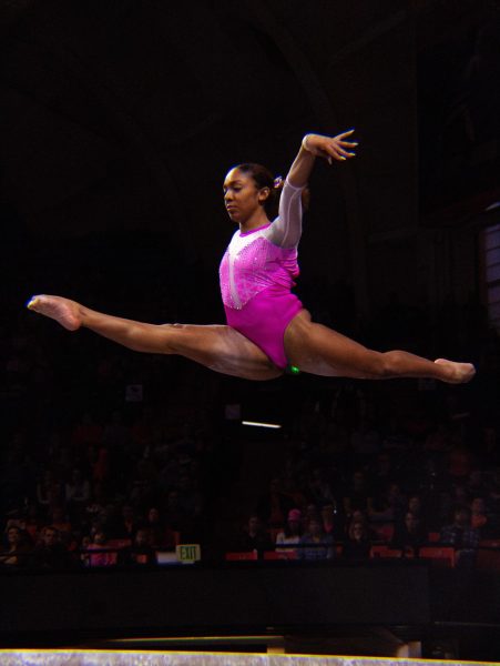Ariana Young competes on beam against Stanford University on Feb. 17 in Gill Coliseum in Corvallis.