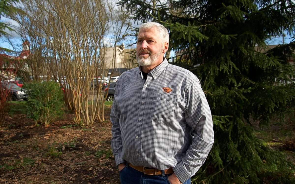 Wiley Thompson pictured walking through the Corvallis Central Park on Thur, Feb. 1, 2023. The OSU extension service works on a variety of projects, including the OSU master gardener program; OSU master gardeners then engage in projects such as much of the landscaping in the Corvallis Central Park.