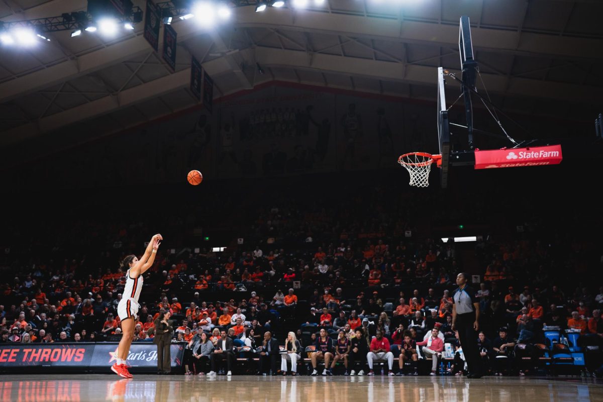 Talia Von Oelhoffen shoots a free throw from a technical foul against the University of Arizona at Gill Coliseum in Corvallis on Jan. 12.
