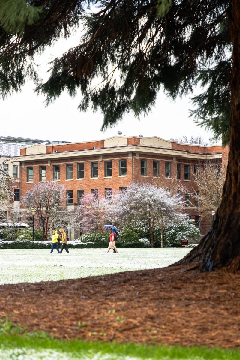 Pedestrians walk across the snow-dusted Valley Library quad on Friday morning, March 1 at Oregon State University in Corvallis.
