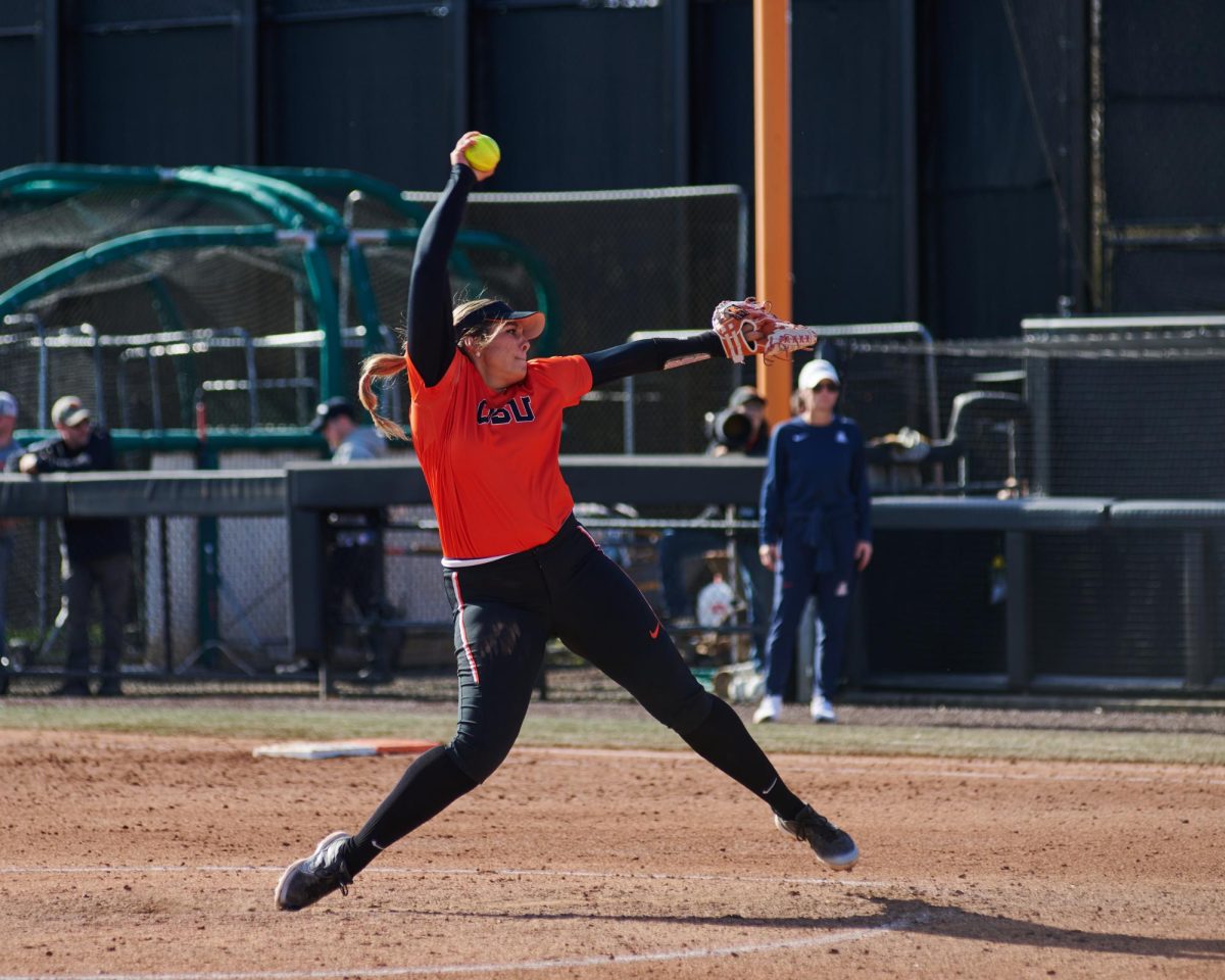 Oregon State softball player Ellie Garcia pitches in a game against the University of Arizona at Kelly field on Friday. This was the first game of two that OSU hosted against UA and they won 3-2.