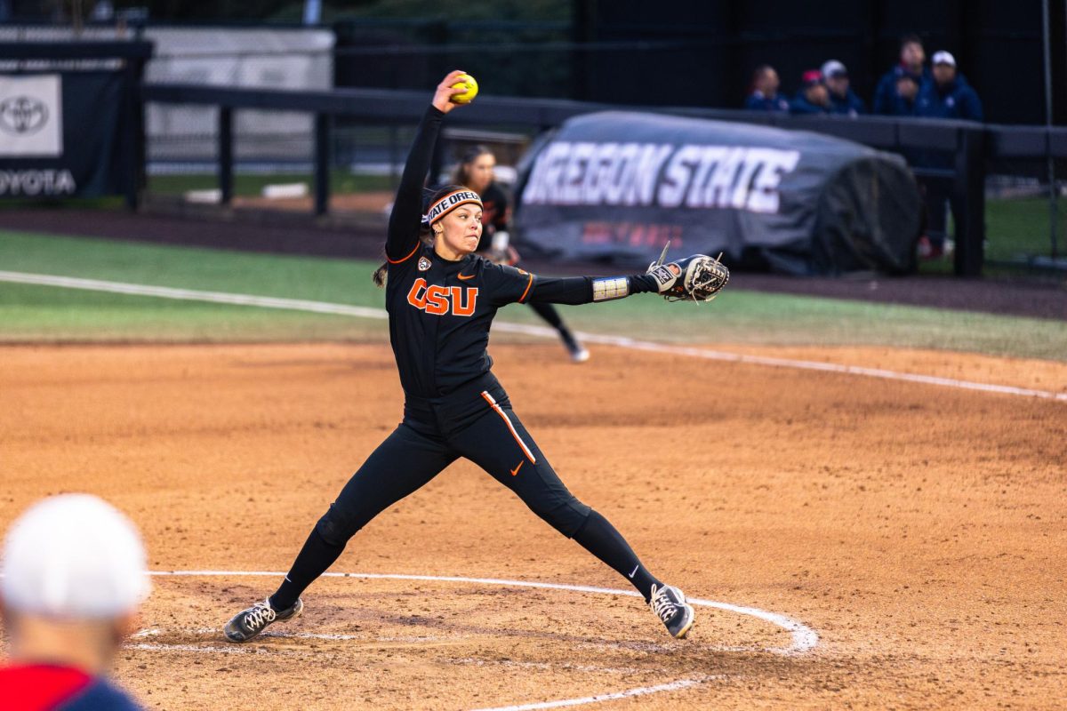 Pitcher Sarah Haendiges (30) pitches to Arizona at Kelly Field on March 9 in Corvallis, Oregon.
