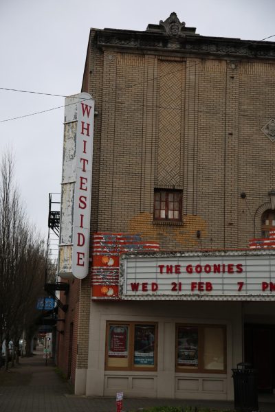 The exterior signage of the historic movie theater, The Whiteside, located at 361 SW Madison Ave in Corvallis on Feb 16.