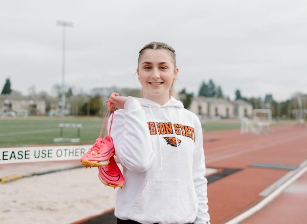 Junior Jada Hurley reps her Oregon State Track and Field gear at the Whyte Track on February 18, 2024.