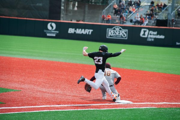 Canon Reeder (#23) leaps to first base pitches to ASU at the OSU v ASU baseball game at Goss Stadium located on Oregon State University campus on April 7th, 2024