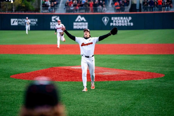 Aiden May celebrates the end of the inning against Oregon at Goss Stadium in Corvallis OR on April 26 2024.