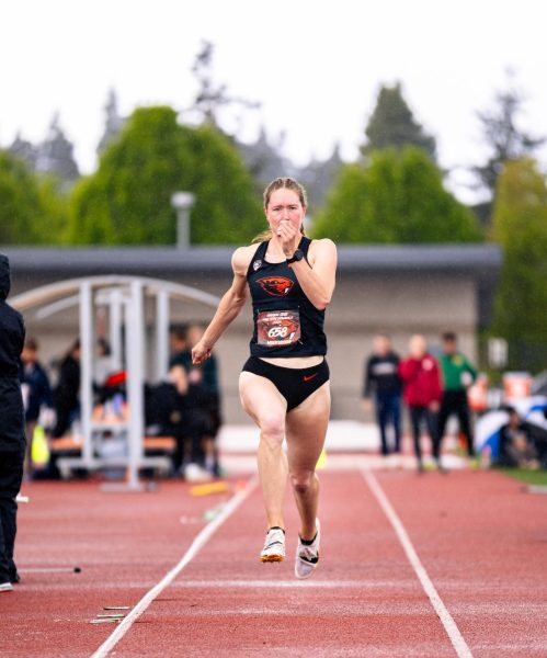Senior Anneke Moersdorf competes in the Women’s long jump in the Oregon State High Performance Meet at Whyte Track and Field, on April 26. Moersdorf currently holds a No. 1 spot in the OSU record book with a long jump of 6.12m/20-1.