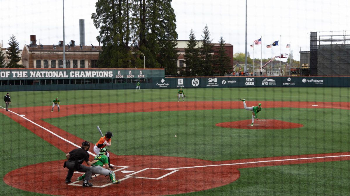 University of Oregon pitches to Oregon State in their game at Goss Stadium in Corvallis on Sunday, April 28, 2024.