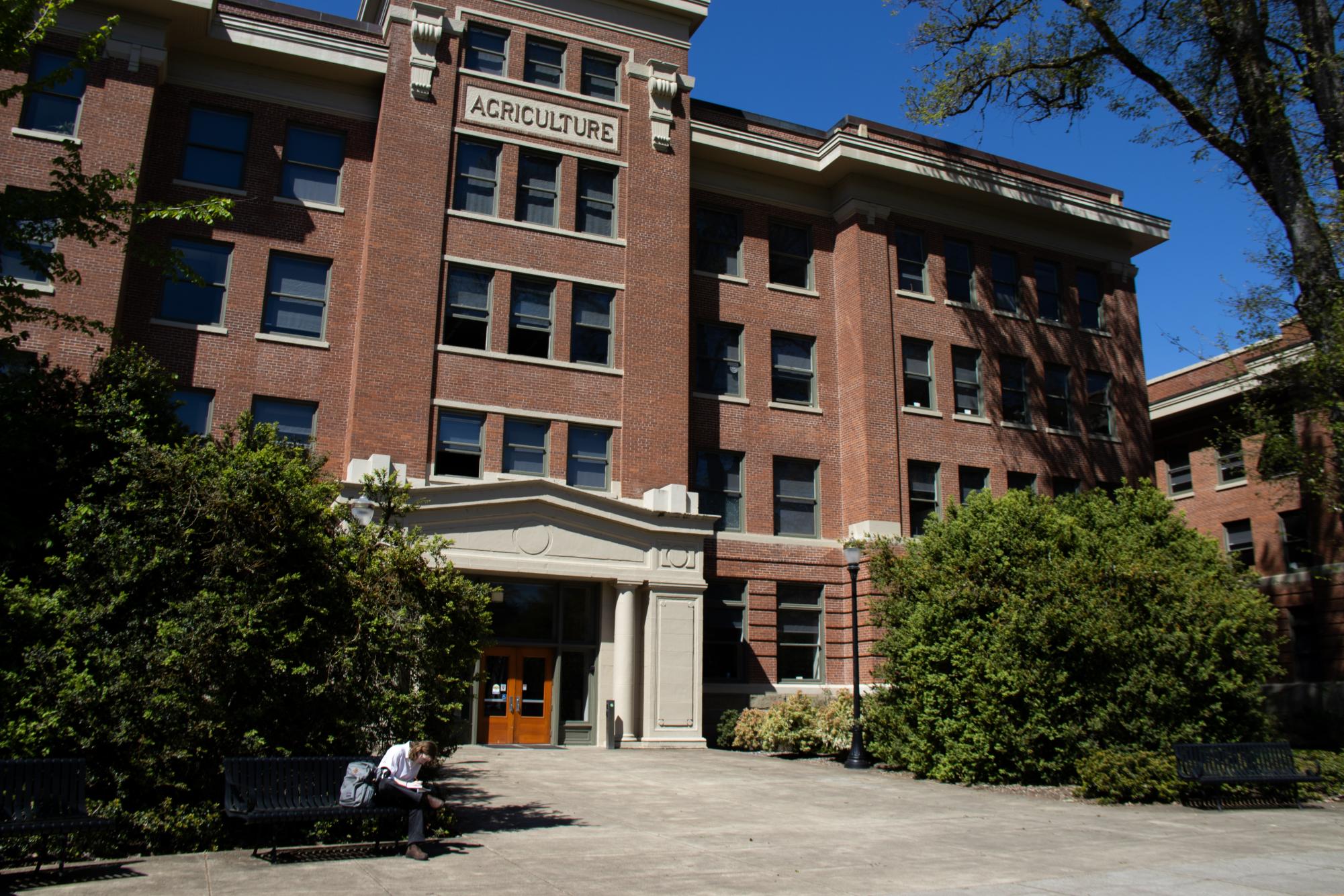 Lauren Anderson, an Oregon State University Agriculture student, sits in front of Strand Agriculture Hall before a class on April 18. 