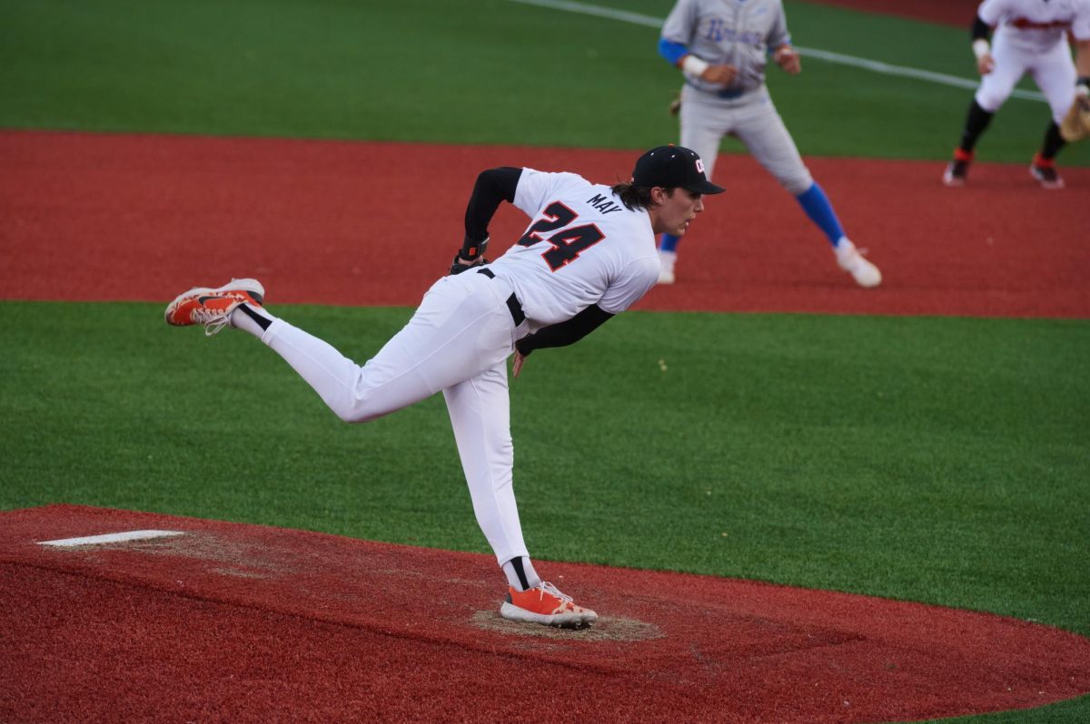 Oregon State baseball player Aiden May throws a pitch against UCLA at Goss Field
on Friday May 10.