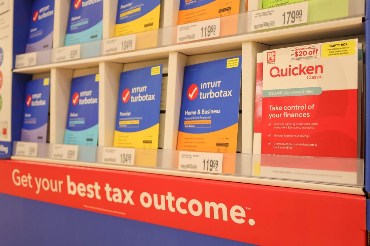 A collection of Intuit turbotax tax-filing booklets sit for sale on a stand at an OfficeMax in Corvallis OR, on May 13 2024.