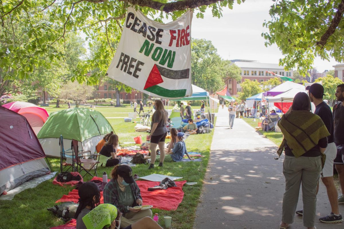 OSU+students+gather+on+Memorial+Union+Quad+on+May+15%2C+2024+on+Oregon+State+University+campus.+The+encampment+was+set+up+in+support+of+Palestine.