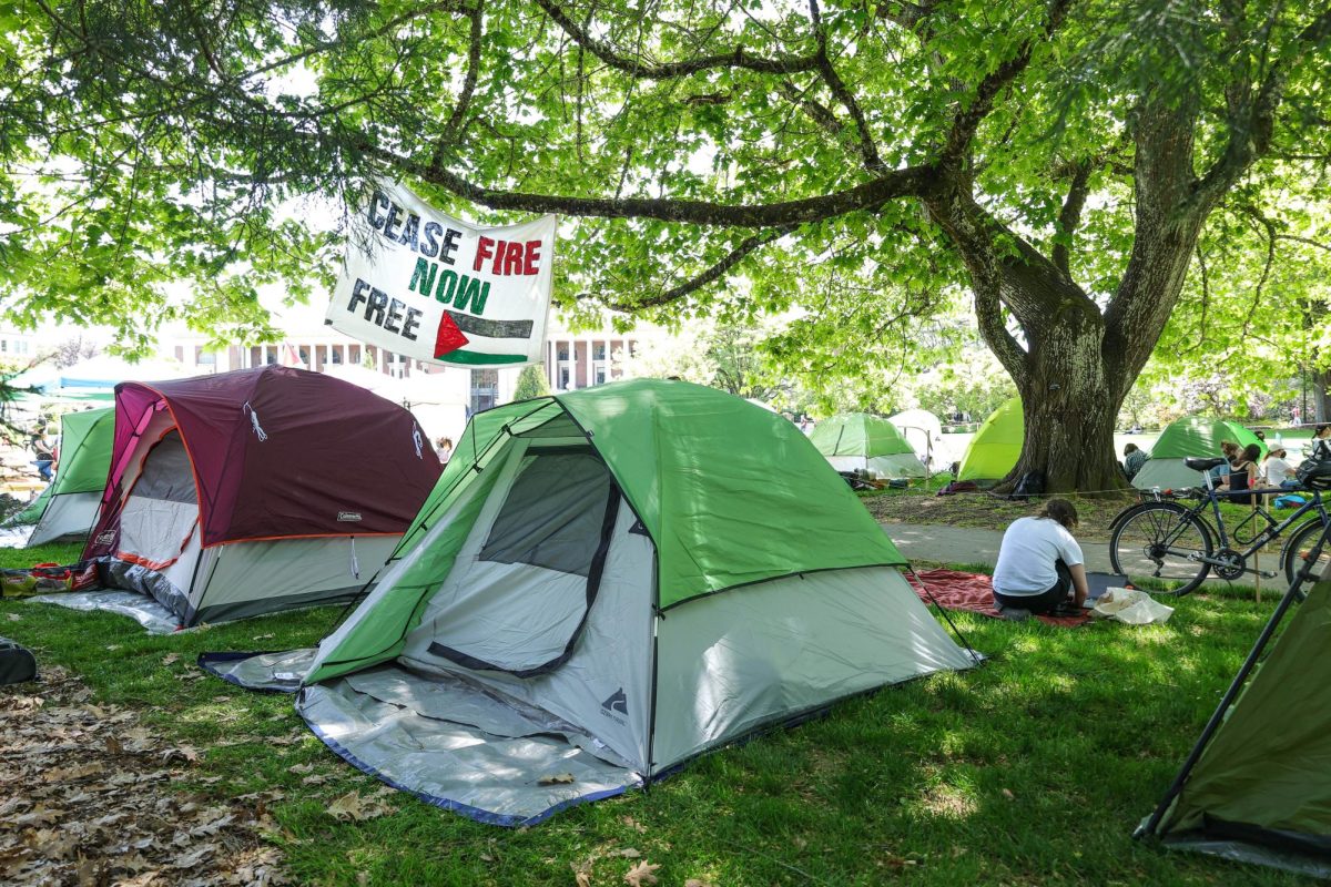 Tents stand and a protest banner hangs at The People’s University for Palestine encampment in the MU quad at Oregon State University in Corvallis, OR, on May 15 2024.