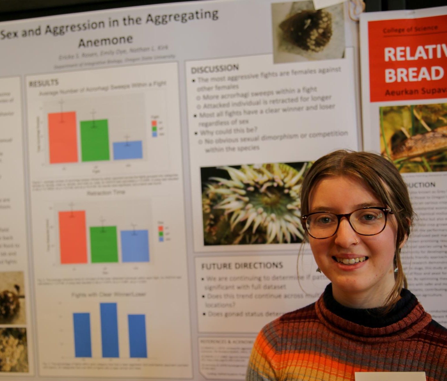 Ericka Rosen presents her research on the aggregating anemone at the Spring Poster Symposium, held at the Memorial Union on May 16. 