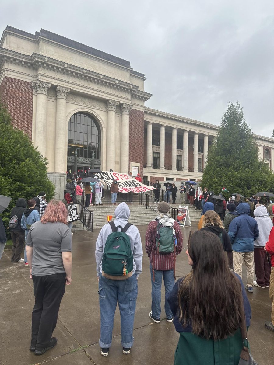 A rally held by SUPER and community members on May 28 in front of the Memorial Union.The rally was held in solidarity with the people of Palestine and in response to what SUPER claims is a lack of response by Oregon State University to the group’s demands.