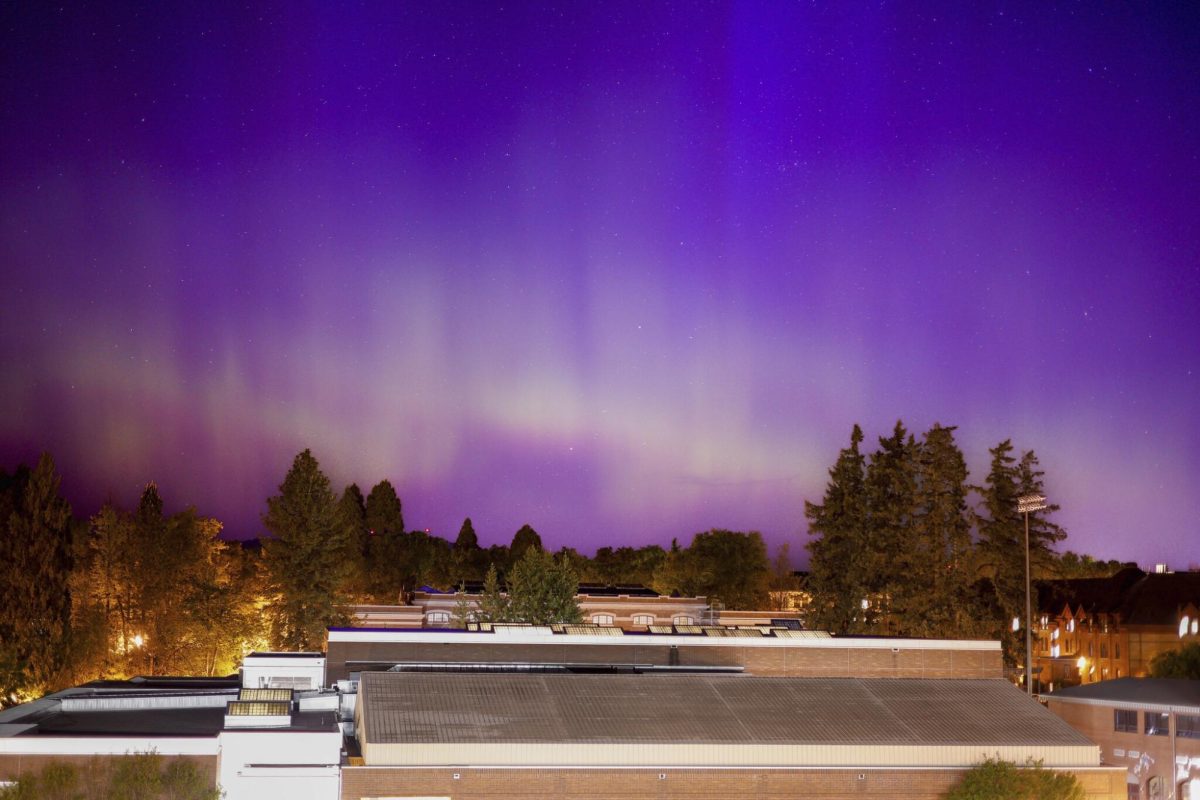 The northern lights over the Oregon State University campus from the top of the parking garage on the morning of May 11.