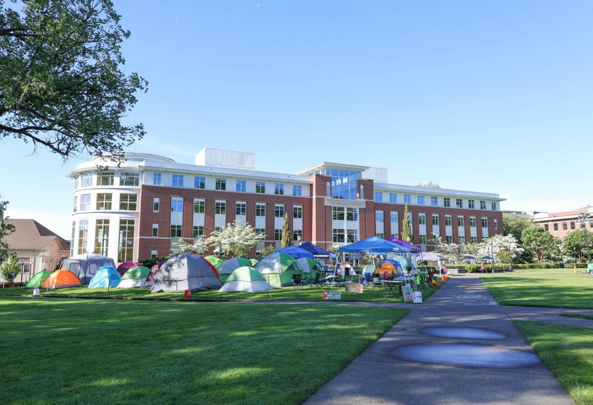 The People’s University for Palestine sits in front of Oregon State University’s Valley Library on May 30, 2024 in Corvallis, OR, following their relocation from the Memorial Union quad the day prior. 