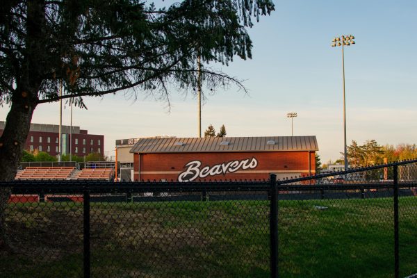 The sun sets over the Oregon State University Softball Complex in Corvallis, Oregon, April 22. 