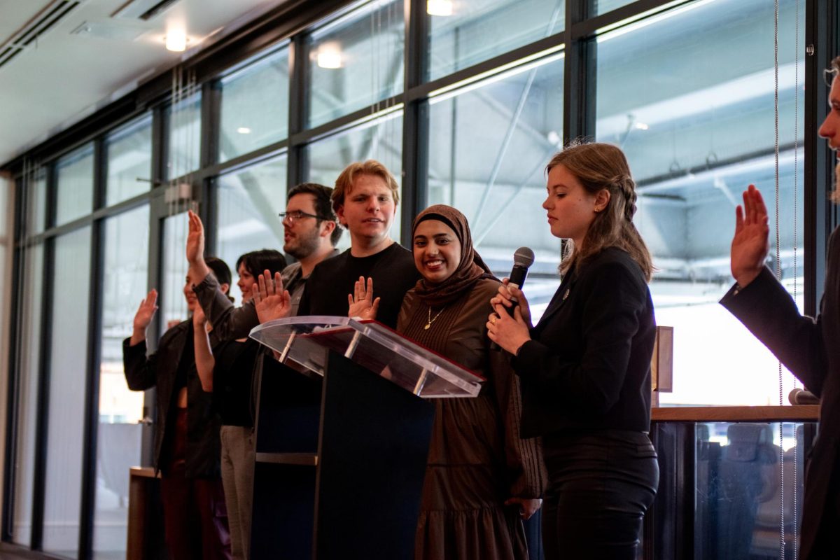 The ASOSU Student Fee Committee is sworn in at the ASOSU Inauguration at Reser Stadium in Corvallis, Oregon, May 31. 
