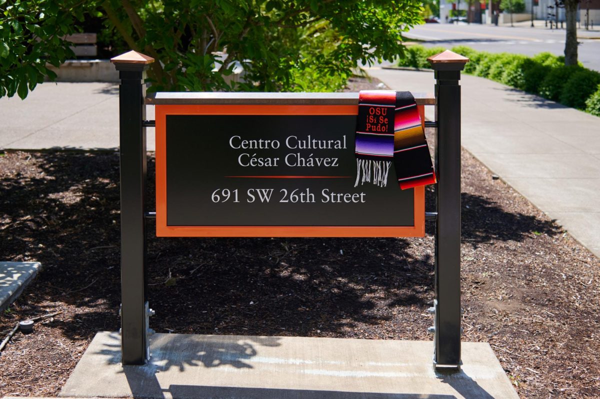 Graduation regalia provided for students who are a part of the Centro Cultural Cesar Chavez, hung up on Oregon State University’s campus on May 20th. 
