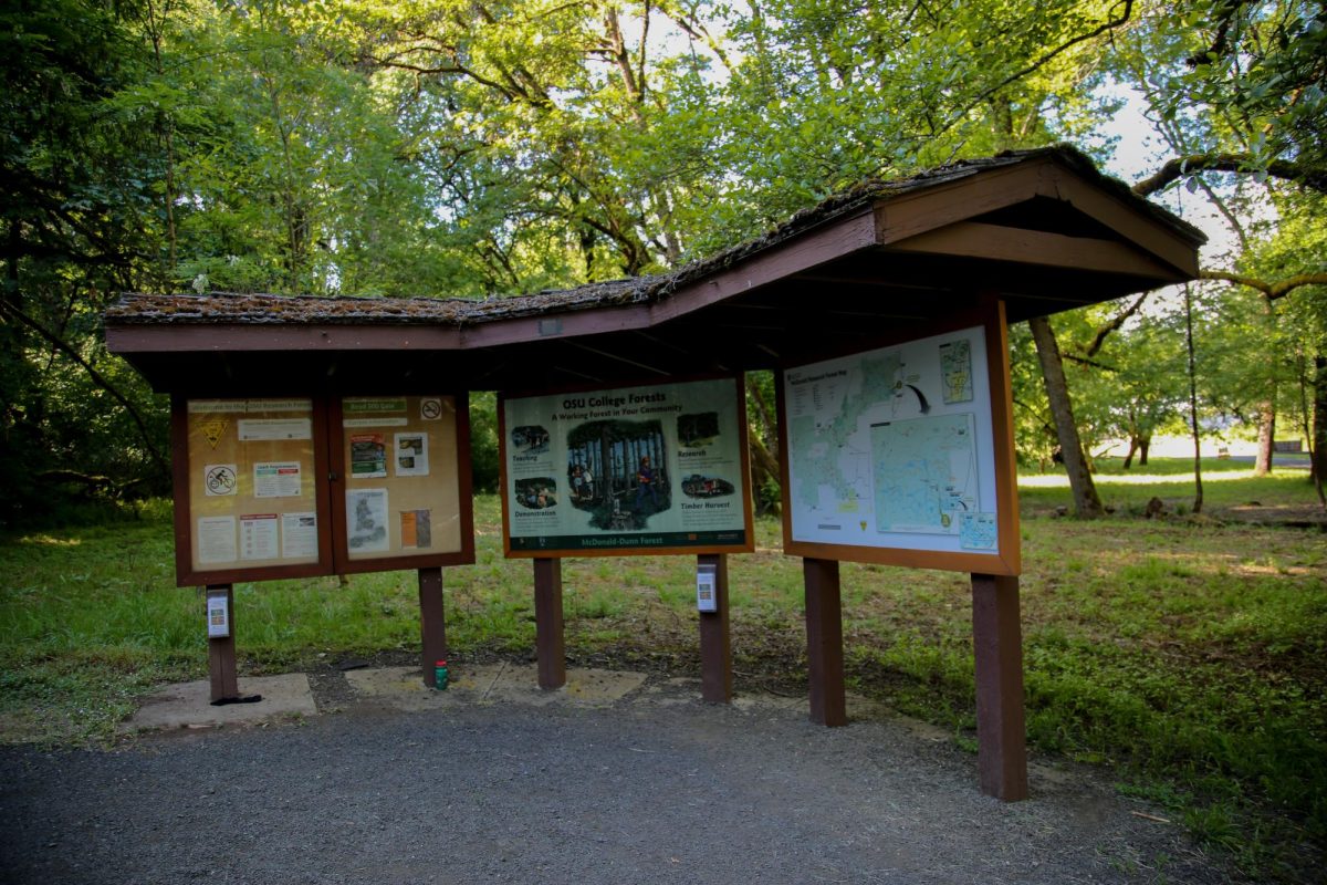 A sign shows how the forestry department of Oregon State University uses the McDonald-Dunn forest and a map of the forest on May 29.
