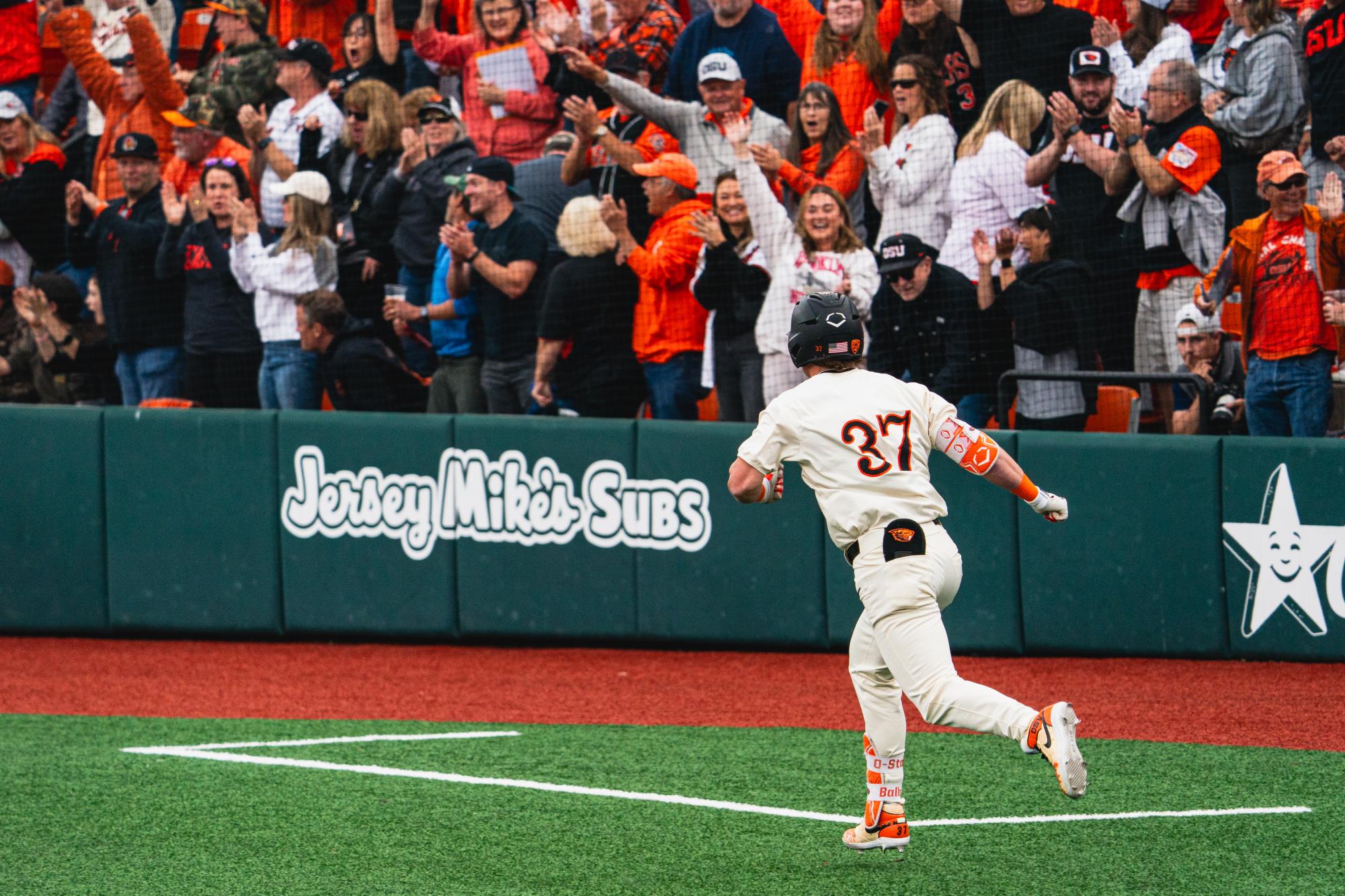 Travis Bazzana celebrates his home run against the UC Irvine Anteaters on Saturday at Goss Stadium in Corvallis. This was Bazzana’s 28th home run of the year.