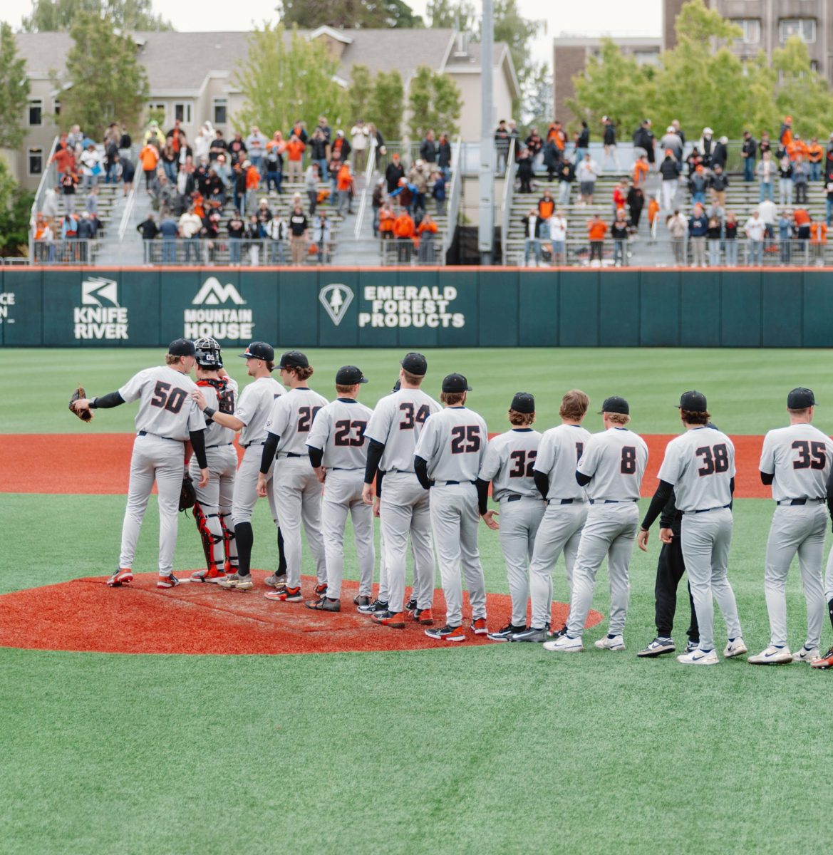 The Oregon State Beavers line up following their win against UC Irvine at Goss Stadium in Corvallis on June 3, 2024. Oregon State defeated UC Irvine, 11-6, to advance to the programs ninth all-time NCAA Super Regional.