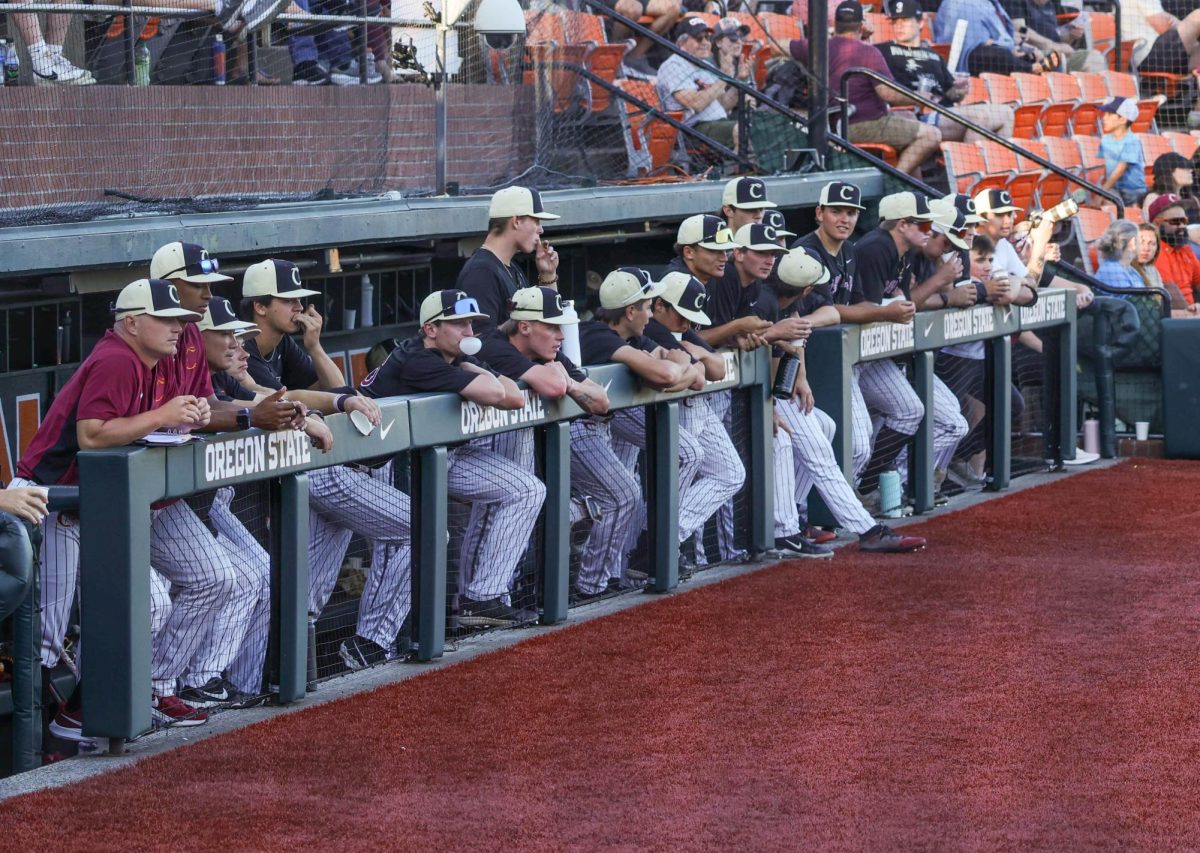 The Corvallis Knights stand in their dugout in a game vs the Springfield Drifters on June 20, 2024, at Oregon State University’s Goss Stadium on June 20, 2024. 