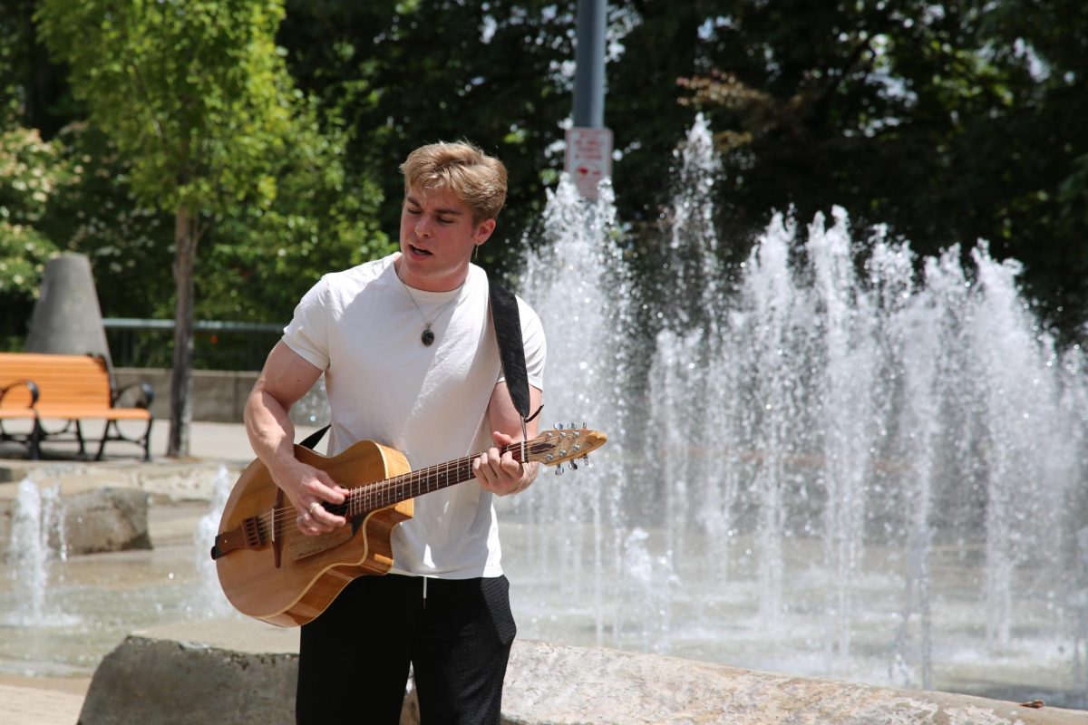 Musician, Christopher Bloom, strums his guitar and sings in the Riverfront Park in Corvallis on June 23. 
