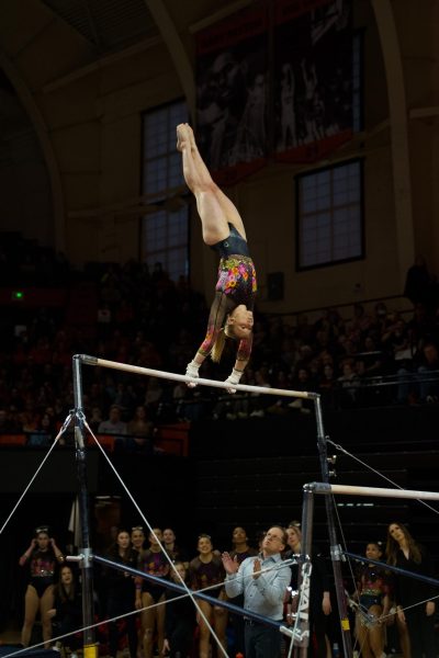 Jade Carey competes bars at the Oregon State University v. Brown gymnastics meet at Gill Coliseum on January 21st, 2024. She scored a 9.875.