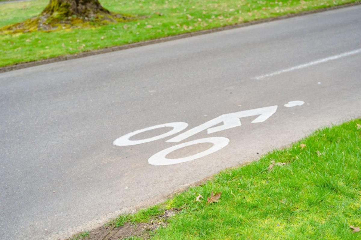 Throughout Corvallis, and especially on campus, you’ll see many bike lanes just like this one, which is located on the OSU campus on SW 30th Street on February 13, 2024. Corvallis has made many efforts to make biking accessible, which is why it has been named a gold-level bicycle-friendly community. 