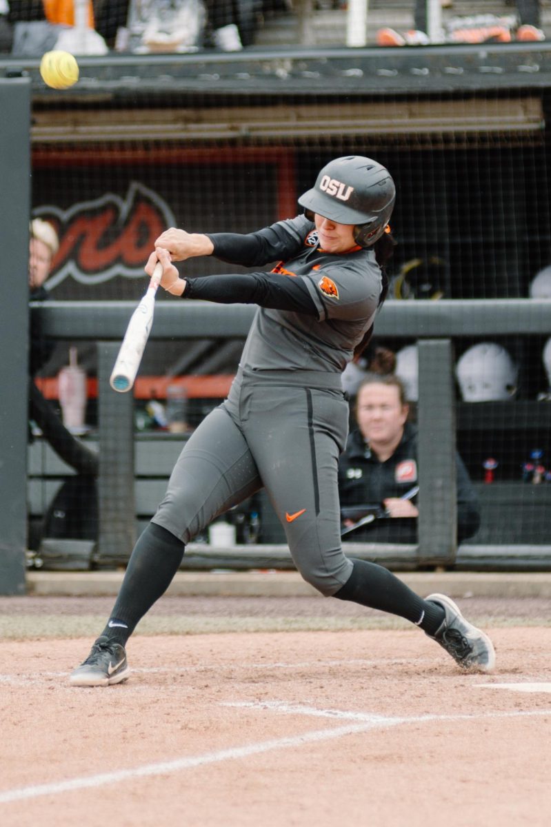 Abby Doerr (#4) bats in OSU’s game against University of Utah at Kelly Field on April 28, 2024.