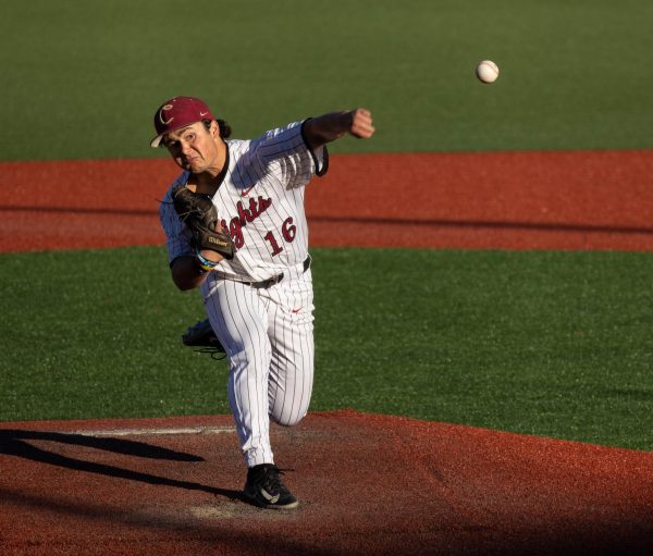 The Corvallis Knights’ Dominic Tatone pitches vs the Ridgefield Raptors in Oregon State University’s Goss Stadium on July 24, 2024, in Corvallis, OR. 