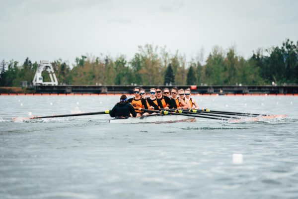 Varsity eights going at the Dexter Lake Invite on April 27, 2024.