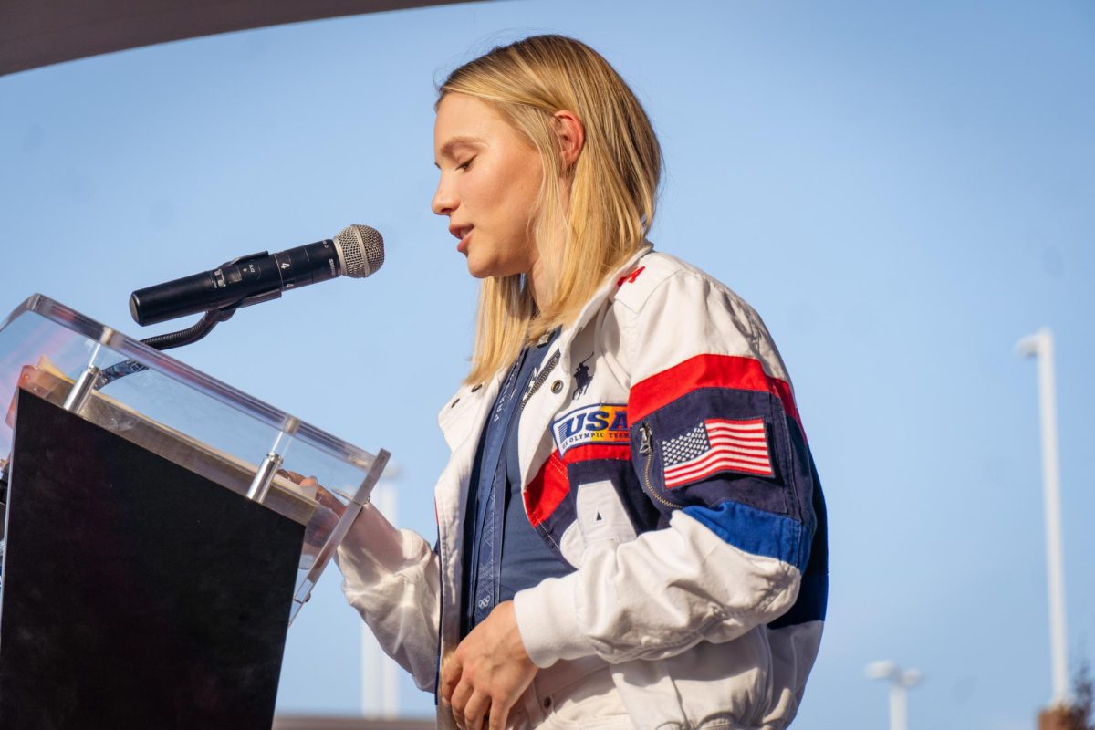 Jade Carey gives a thank you speech in front of Reser Stadium in Corvallis OR on Aug 7 2024. 