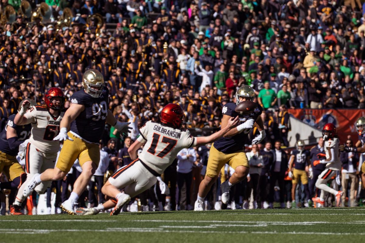 Quarterback Ben Gulbranson (#17) attempts to pass the ball in the Tony the Tiger Sun Bowl game against Notre Dame in El Paso, TX on Dec 29, 2023.