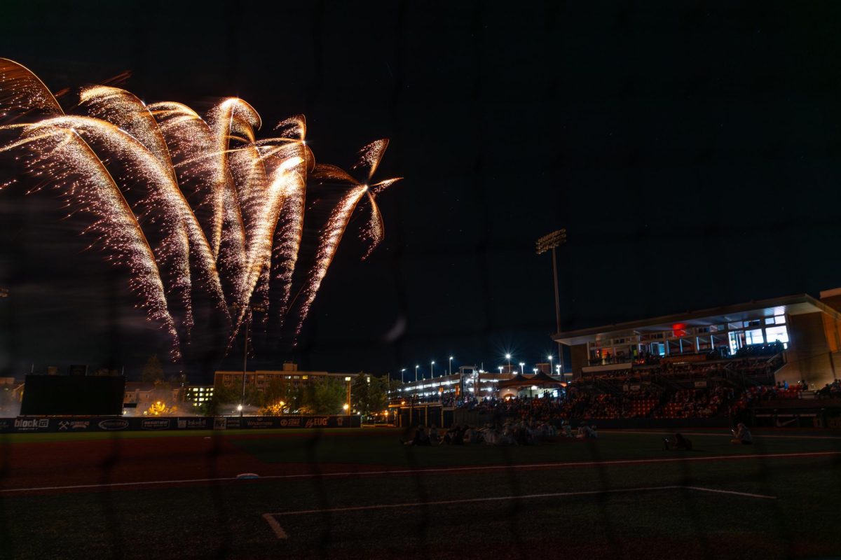 Fireworks are seen concluding the game between the Corvallis Knights and the Bend Elks at Goss Stadium, Coleman Field in Corvallis on Aug 3, 2024. The Corvallis Knights won against the Bend Elks 8-1.