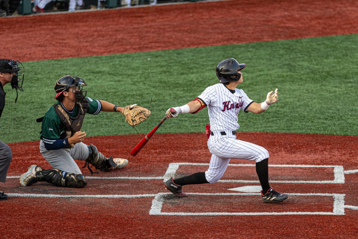 Batter from the Corvallis Knights Baseball club takes a swing for the fences on August 14th at Goss Stadium in Corvallis OR. The Knights came up short losing to the Portland Pickles (1-4)