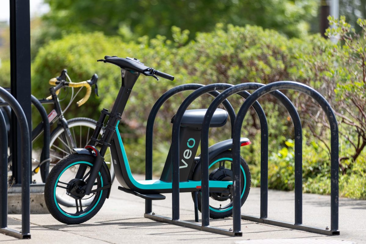 Veo bikes await the fall term for students to try out for the first time. The electronic power assist bikes are placed all over Oregon State University in Corvallis, and have been around since August.