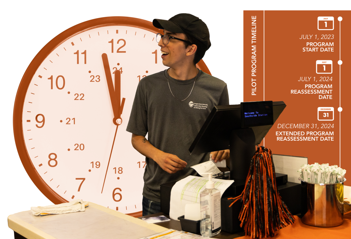 A photo illustration depicts UHDS student worker and junior Civil Engineering Major Michael Bareno-Le as he prepares to ring up food orders in Arnold Dining Hall. Photo by Morgan Barnaby, Illustration by Rida Kauser