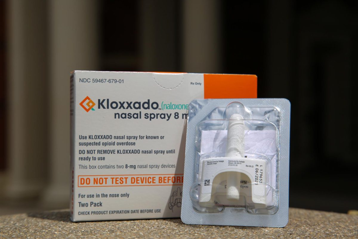 Naloxone spray, the lifesaving medicine found in NARCAN®, is pictured in front of Oregon State University’s Weatherford Hall on June 27. 