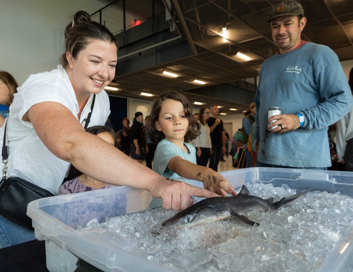 Heidi Quihuis and her kids Desmond, six, and Gloria Quihuis, four, interact with a spiny dogfish at Oregon State University’s PRAx building, in Corvallis, OR, during Big Fish Fest on August 23, 2024. This family visited from Albany just to make it to this event. 