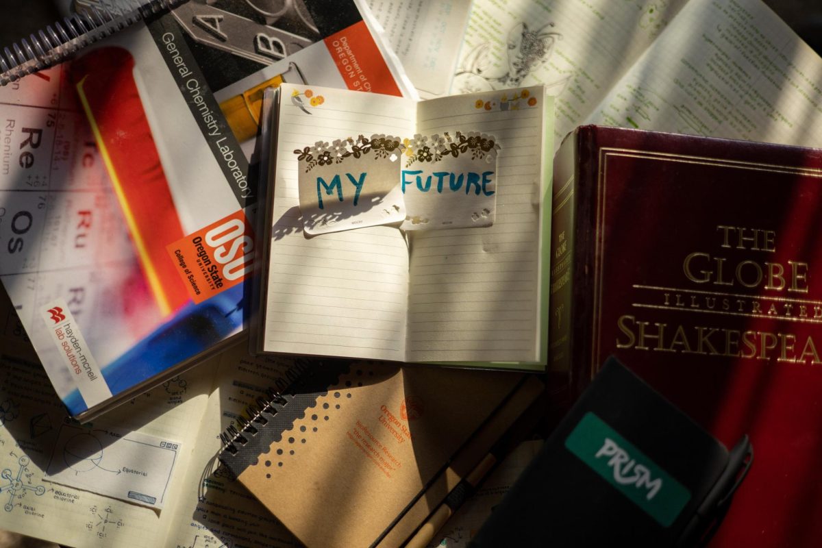 A photo illustration of a stack of academic resources in Corvallis on Aug 8. Students can consult the Academic Success Center and other university resources offered both on-campus and online for needs related to studying, time management, tutoring, and career path.