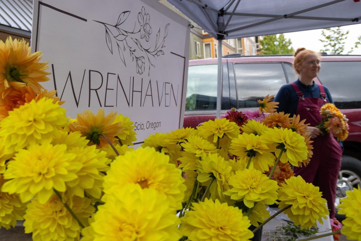 Wrenhaven’s flower stand is seen at the Corvallis Farmers Market on Sept 11, 2024. 