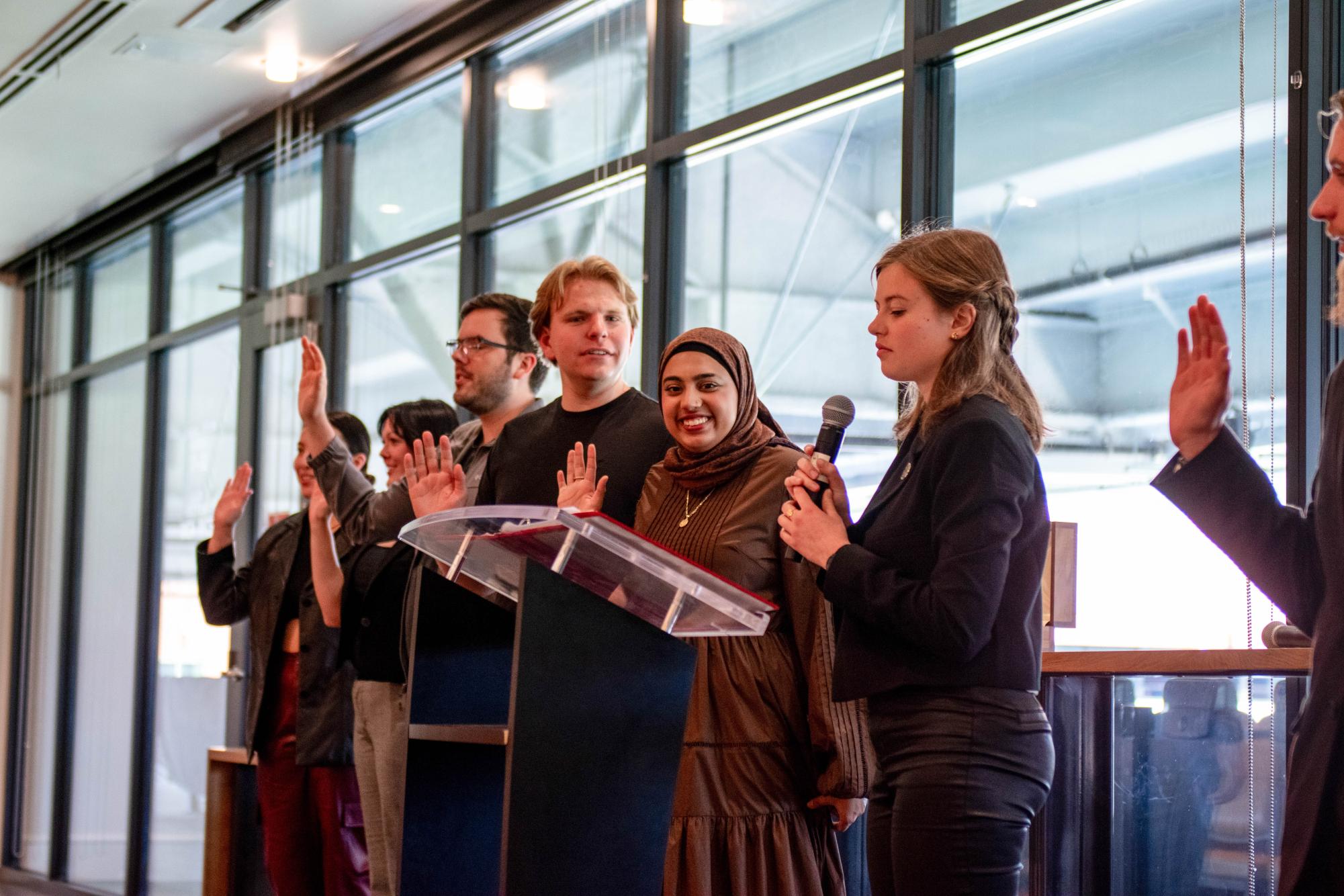 The ASOSU Student Fee Committee is sworn in at the ASOSU Inauguration at Reser Stadium in Corvallis, Oregon on May 31. 