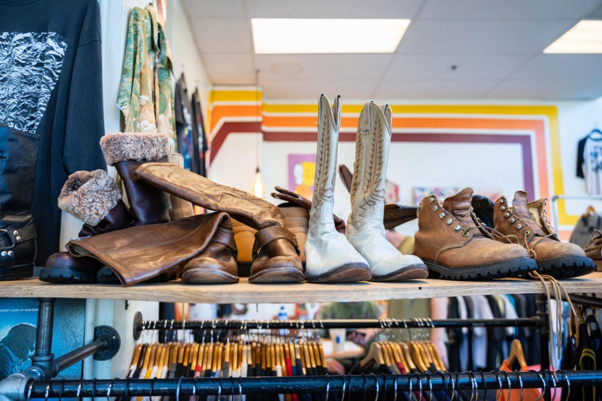 On Oct 3, thrifted and vintage shows are seen above a rack at TSA Vintage located in Downtown Corvallis.