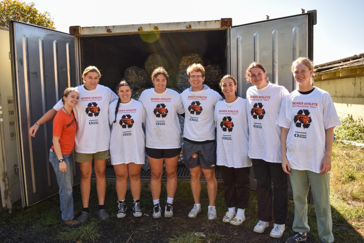 Beaver Athlete Sustainability Team sorts the Colorado State v. Oregon State gameday recycling on Oct. 6.
