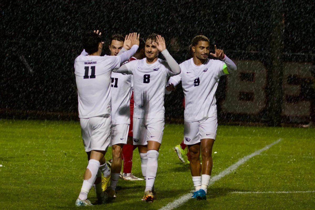 OSU Men's Soccer players celebrate the first goal at the Beavs vs Lions home game Oct. 30 2024.