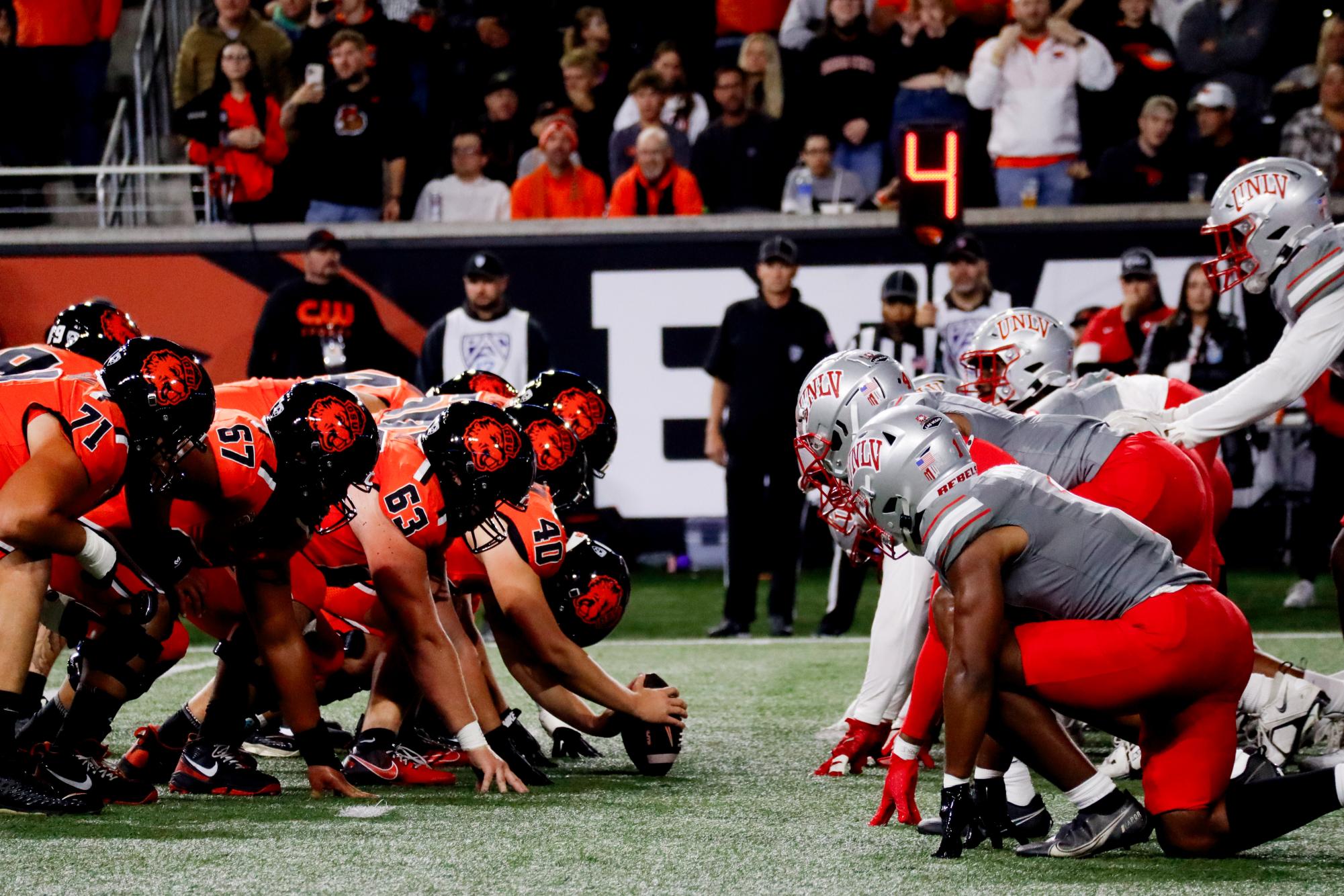 Both teams line up for a field goal attempt in the first quarter. Oct 19, 2024