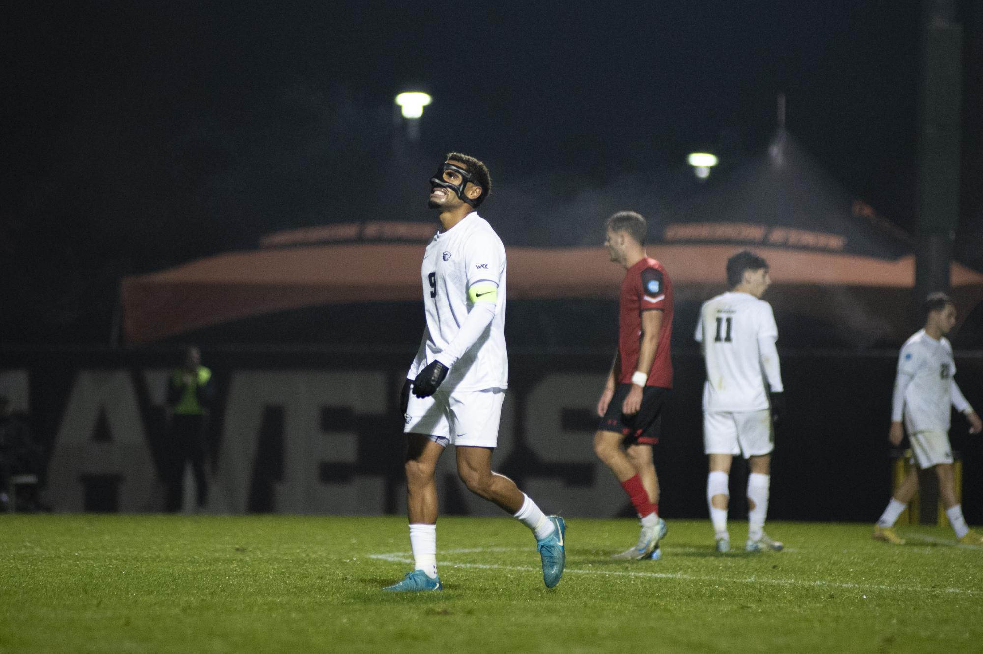 Forward Ellis Spikner grimaces after a missed goal attempt in the second half against Gardner-Webb at Paul Lorenz Field on Nov 21. The Beavers came close many times throughout the match, but were never able to find the back of the net